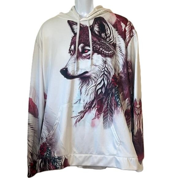unbranded Other - White Wolf Graphic Pullover Streetwear Hoodie with Dark Red Wolf, XXL